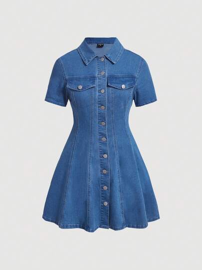 SHEIN MOD Button-front Denim Overall Dress With Faux Chest Pocket