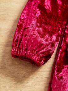 SHEIN 小女孩刺繡網布&天鵝絨細節洋裝 - 酒紅色 - 查看 3