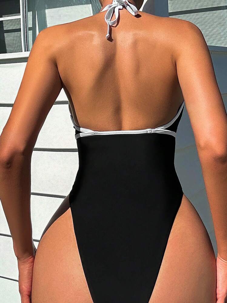SHEIN Swim Bañador de una pieza con cuello halter, para vacaciones de verano en la playa - Blanco y Negro - Añade 1