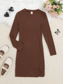 SHEIN Cô gái Màu thuần Dệt kim gân sọc Vòng cổ Tay áo dài Đầm - Rỉ Nâu - Xem 4