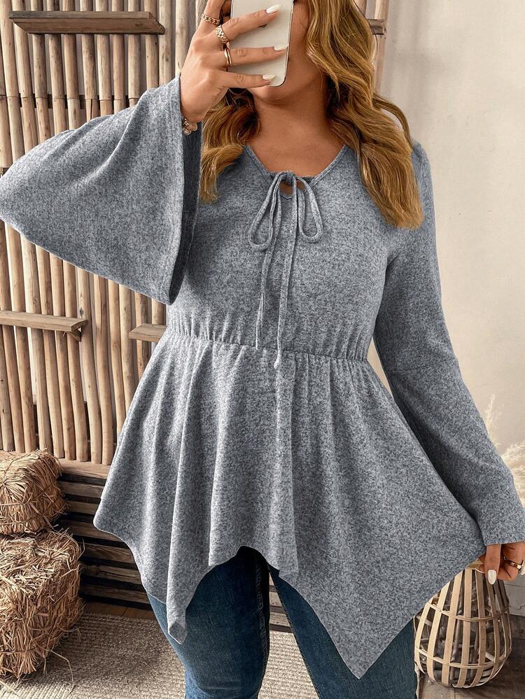 Plus Size Knotted Neckline Flare Sleeves Asymmetrical Hem Frill Trim T-shirt