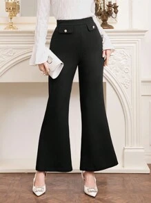 Mulvari Solid Color Button Detail Flared Pants - Black - View 1