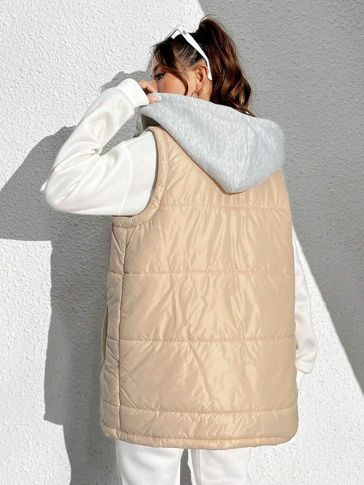 Colorblock Hooded Zipper Closure Sleeveless Puffer Vest, Padded
