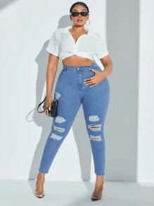 SHEIN SXY 大尺碼仿舊破洞高腰緊身牛仔褲 - 藍色 - 查看 3