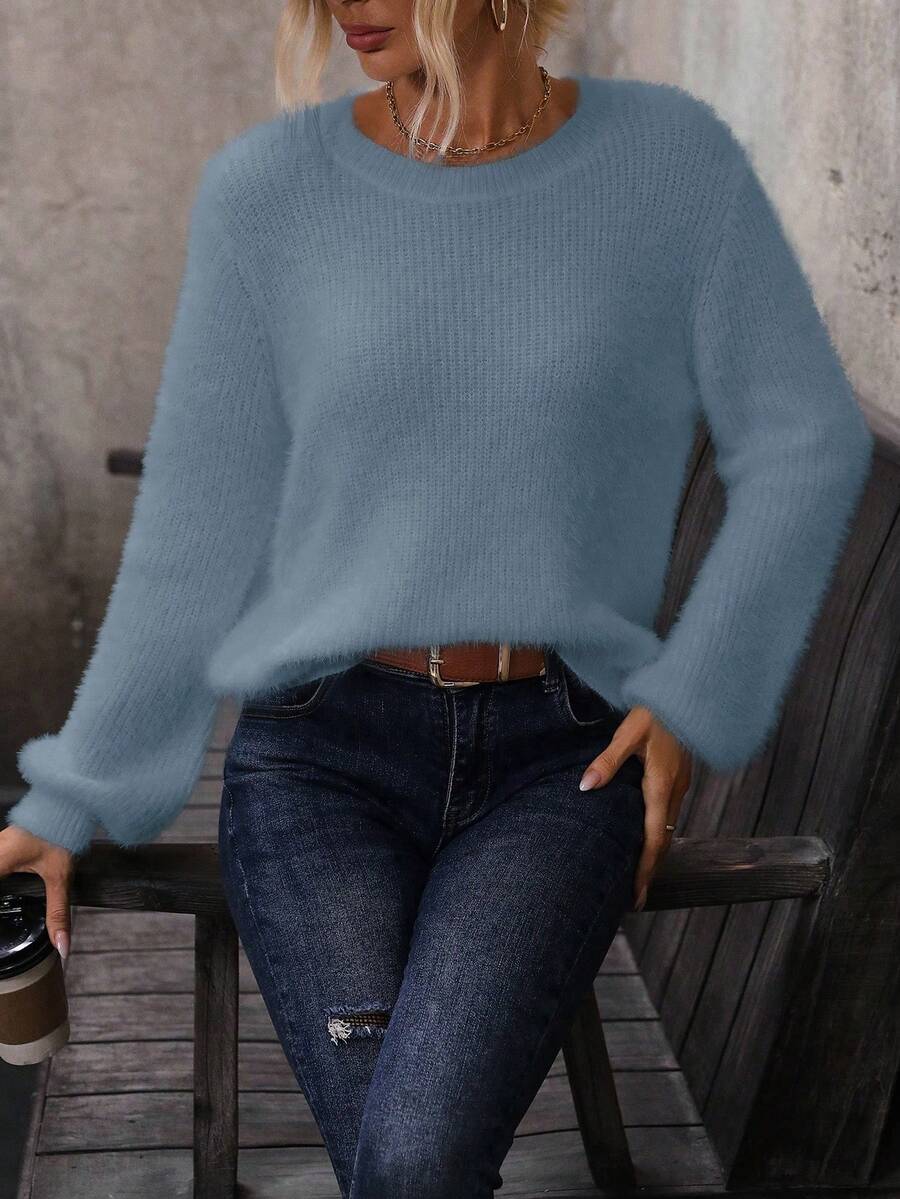 SHEIN Essnce 燈籠袖莫哈爾套頭毛衣 - 霧霾藍 - 查看 1
