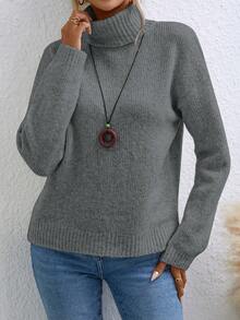 SHEIN Essnce 高領純色休閒毛衣 - 灰色 - 查看 3