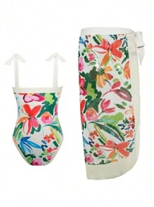 Swim Vcay Summer Beach Floral Print One-Piece Swimsuit And Beach Skirt