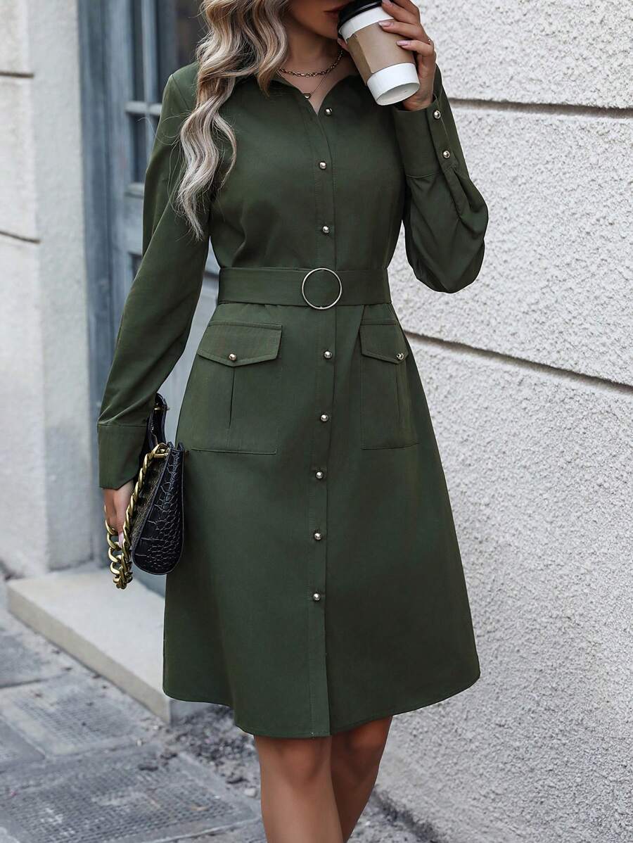 SHEIN LUNE Của phụ nữ Thắt lưng Váy sơ mi - xanh quân đội - Xem 1