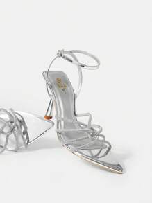 CUCCOO SZL Fashionable Pointed Toe High Heels With Diamond Straps Sandals - Silver - View 3