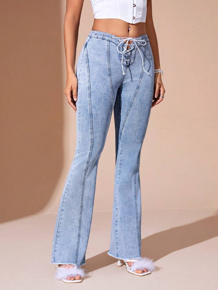 Women's Cross Tie High Waist Flared Jeans
