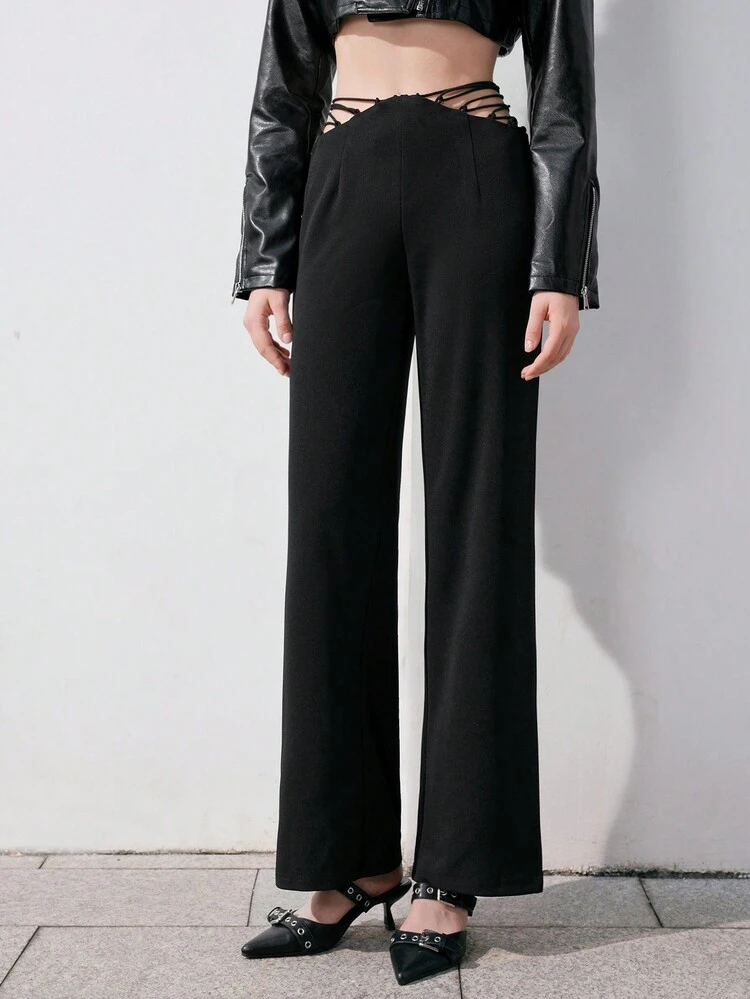 High Waist Solid Color Hollow Out Side Long Pants