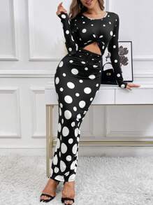 SHEIN Privé 女士漸變波點印花中空扭結緊身洋裝 - 黑與白 - 查看 6