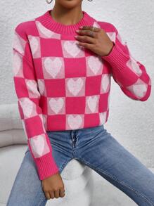 SHEIN LUNE Suéter de tricô com ombros caídos e estampa de corações e xadrez para outono/inverno. - Rosa - Ver 3