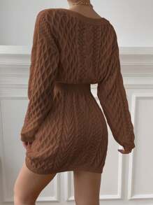 Chiquease Cable Knit V-Neck Bodycon Dress Fall Cloth For Women - Brown - View 2