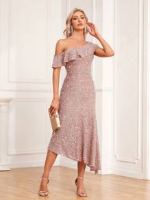 Asymmetrical Shoulder Sequin Asymmetrical Hem Party Dress - Khaki - View 1