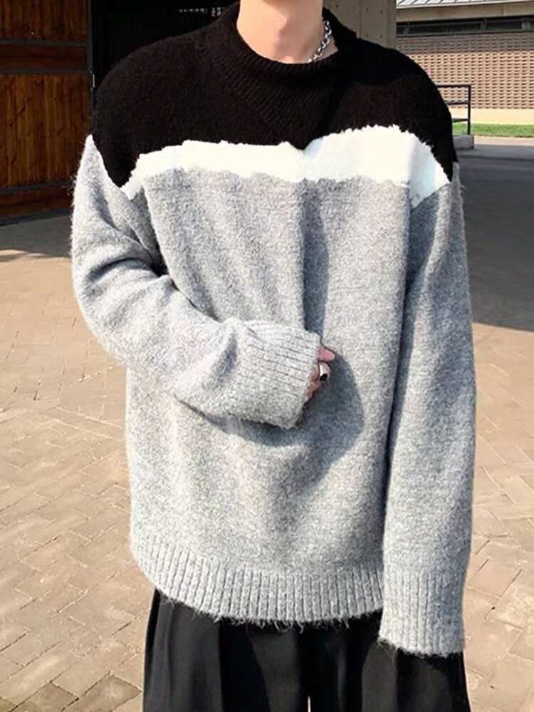 Loose Fit Men's Color Block Sweater With Dropped Shoulders