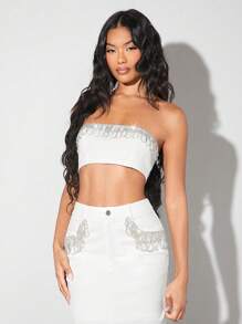 SHEIN BAE Lãng mạn Ngày lễ tình nhân Ngày đêm Hoặc Buổi tiệc Trắng Sọc & Kim cương Chuỗi Ánh sáng lung linh Quây Quần skinny Áo Đối với phụ nữ - màu đen - Xem 4