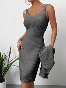 SHEIN Essnce Solid Color Rib Knitted 2-piece Set - Grey - View 2