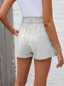 SHEIN Essnce Striped Paper Bag Waist Straight Shorts - Grey - View 2