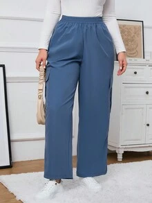 SHEIN Essnce Màu thuần Kích thước lớn Giải trí Quần Cargo - Màu xanh bụi bặm - Xem 3