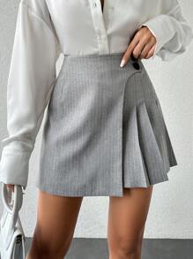 EURMUSE Striped Pleated Skirt - Light Grey - View 4