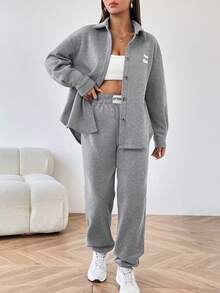 Muchica Textured Patchwork Buttoned Jacket And Pants Set - Grey - View 3