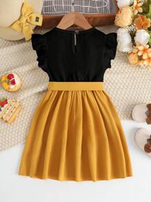 SHEIN Young Girl Contrast Color Patchwork Dress With Short Sleeves And Letter Prints - Multicolor - View 2