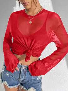 SHEIN Privé 女式透明網眼上衣 - 紅色 - 查看 5