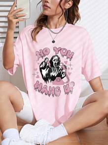 INAWLY Plus Size Skull And Slogan Printed T-Shirt Graphic Tees Women Tops