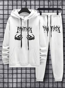 Manfinity EMRG 男性骷髏手印花文字印花連帽休閒2件套裝 - 白色 - 查看 3