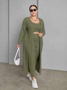 SHEIN Essnce Plus Size Women's Long Sleeve Hollow Out Cardigan Vest And Leggings Set - Army Green - View 5