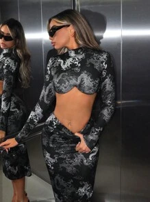 SHEIN ICON Chinese Dragon Printed Cropped Top And Pencil Skirt Set - Black and White - View 1