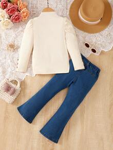 SHEIN Toddler Girls' Ruffle Collar Long Sleeve Top And Distressed Jeans Set - Multicolor - View 2