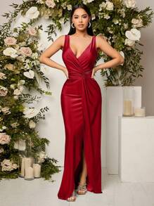 SHEIN Belle Burgundy Red Deep V-Neck Sleeveless Bridesmaid Dress With Waist Knot Detail, Wedding Guest Dress Party Dress Formal Dress Evening Dress,Gown