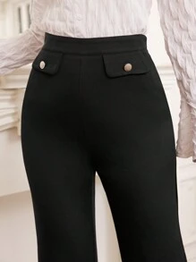 Mulvari Solid Color Button Detail Flared Pants - Black - View 5
