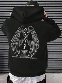 Manfinity EMRG Men's Hooded Sweatshirt With Slogan & Wing Print And Drawstring - Black - View 2