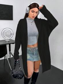 Calvaya Kích thước lớn Màu thuần áo có mũ Áo len Mở - màu đen - Xem 4