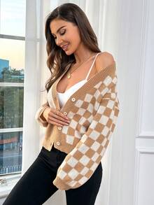 SHEIN Essnce Button Up Plaid Cardigan - Camel - View 5