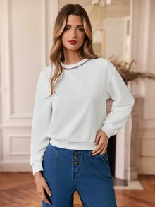SHEIN Frenchy Love Thêu trái tim Cổ thuyền viên Thả vai Tay áo dài Áo nỉ - trắng - Xem 7