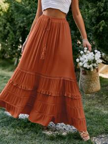 Simplee Casual Vacation Western Style Women's Loose Flounce Hem Skirt, Red Skirt - Red - View 4