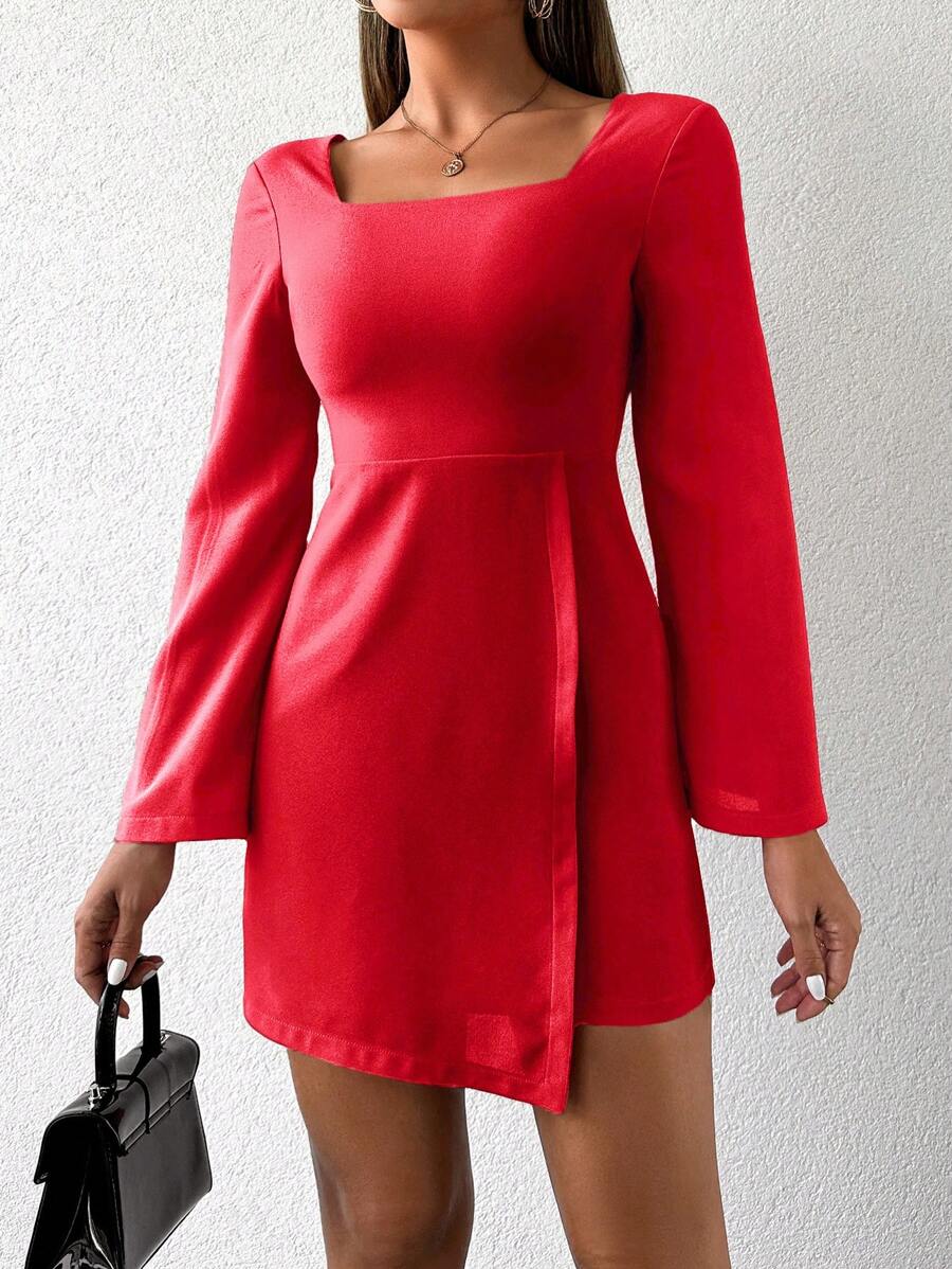 EURMUSE Square Neck Asymmetrical Hem Dress - Red - View 1