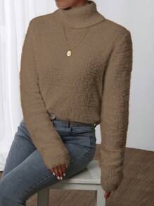 Chiquease Solid Color Turtleneck Knit Pullover Fall Winter Sweater - Brown - View 5
