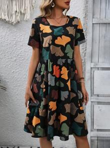 EMERY ROSE Women's Ginkgo Leaf Printed Dress With Double Pockets - Black - View 5