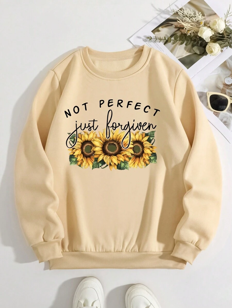 SHEIN EZwear 女雛菊和標語印花抓絨運動衫 - 杏色 - 查看 1