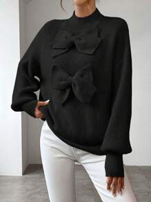 SHEIN Privé Trang trí nút Thả vai Tay áo Áo len - màu đen - Xem 4