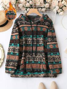 EMERY ROSE 加大码全印花抽绳套头卫衣秋季卫衣 - 咖啡棕 - 查看 1