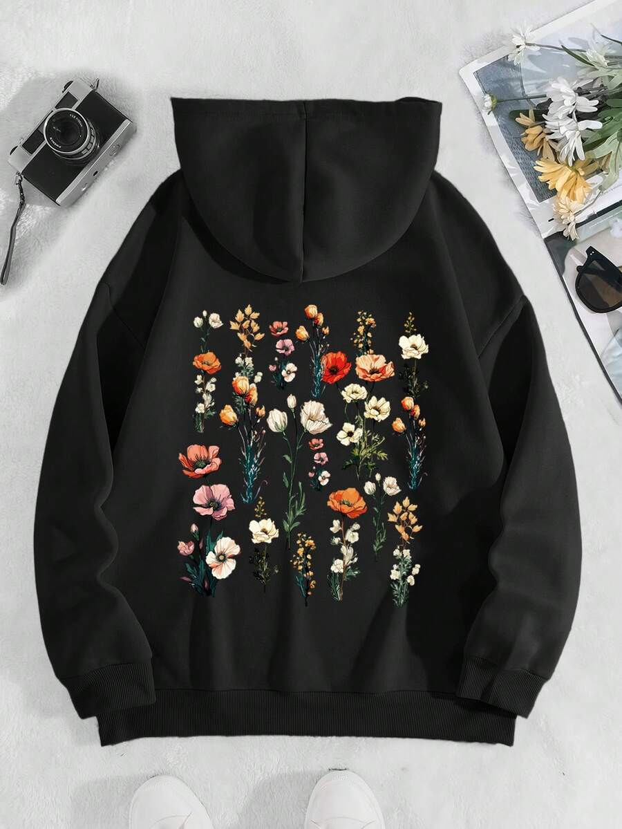 SHEIN LUNE 帶有花紋的帽衫休閒運動衣 - 黑色 - 查看 1