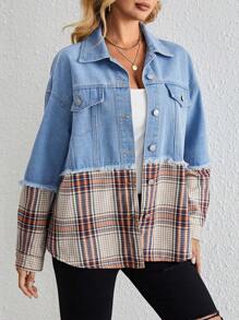 EMERY ROSE Của phụ nữ Denim Xanh Lỏng lẻo Thoải mái Sành điệu Áo khoác Với Đỏ  Và Trắng Kẻ sọc Vá lại - Nhiều màu - Xem 1