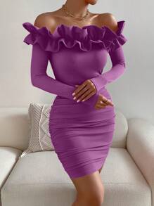 SHEIN Privé Váy ôm sát xếp nếp xếp nếp phóng đại hở vai - Màu tím  Violet - Xem 6