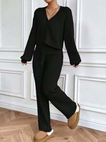 SHEIN Unity 寬鬆純色毛衣2件/套 - 黑色 - 查看 1